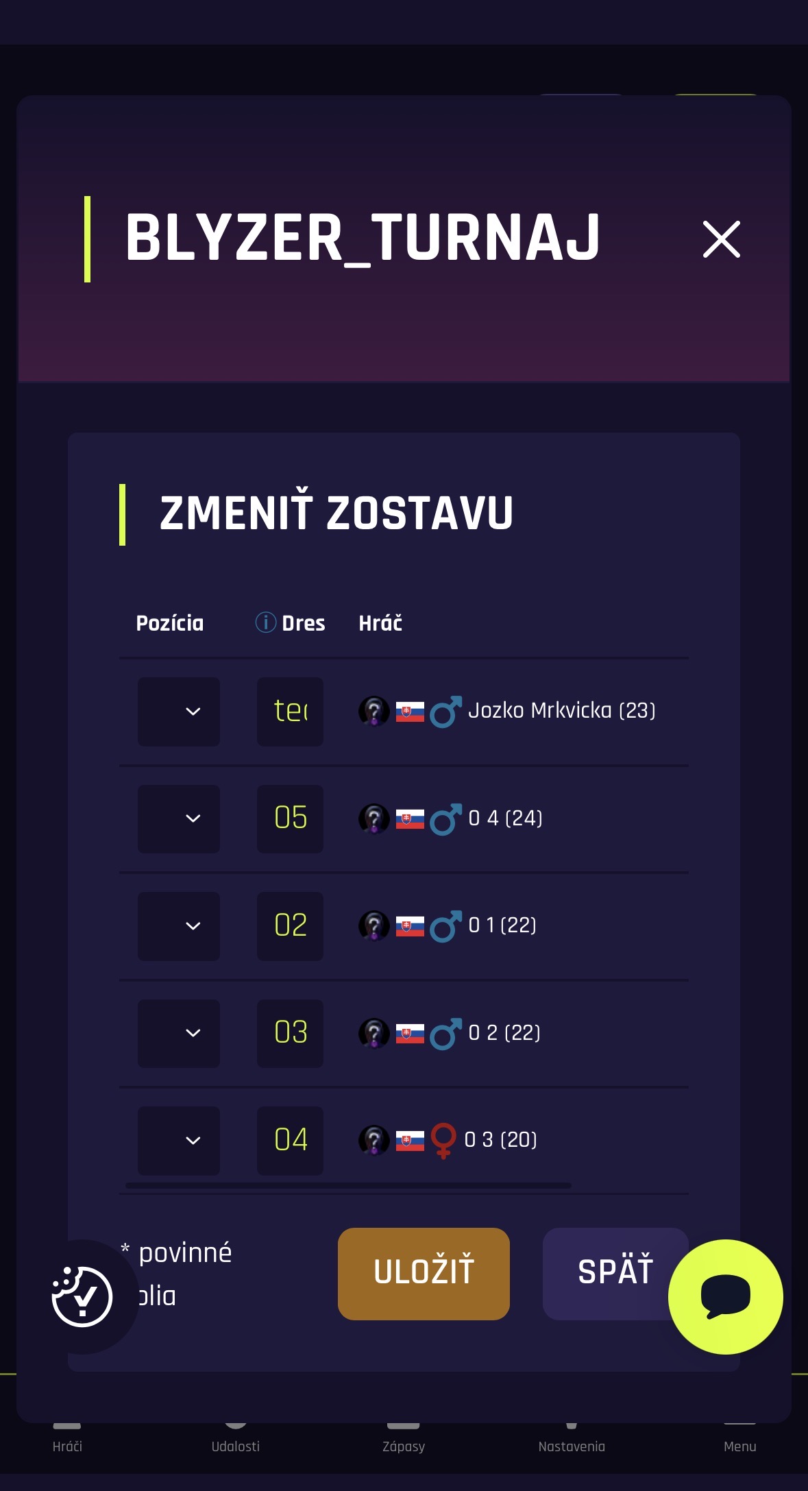 Úprava zostavy hráčov